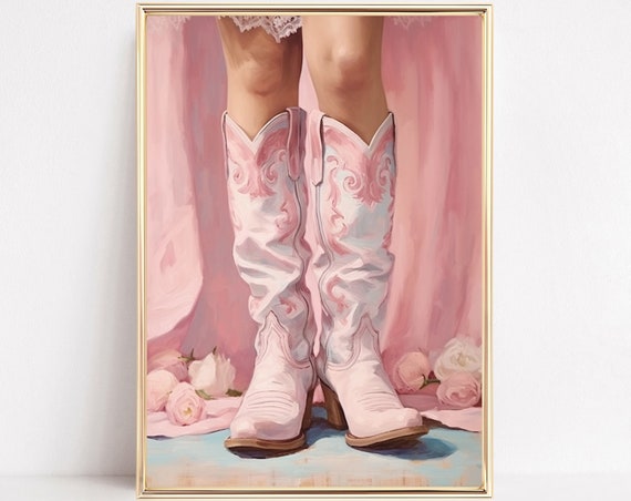 Soft Pink Cowgirl Boots Print Western Country Farmhouse Preppy Painting Poster Blush Boho Wall Art Decor Girly Teen Room Framed Or Canvas
