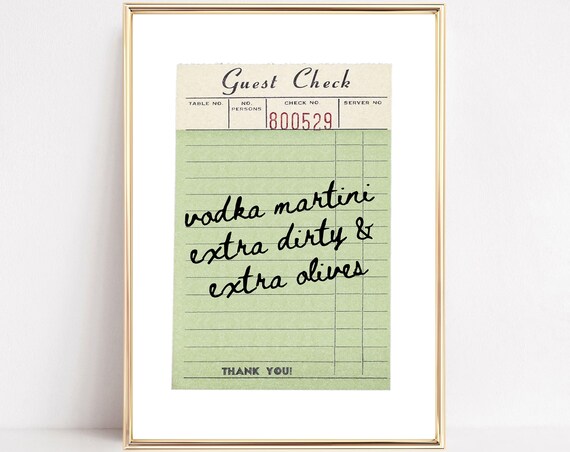 Vodka Martini Extra Dirty Guest Check Bar Cart Typography Poster
