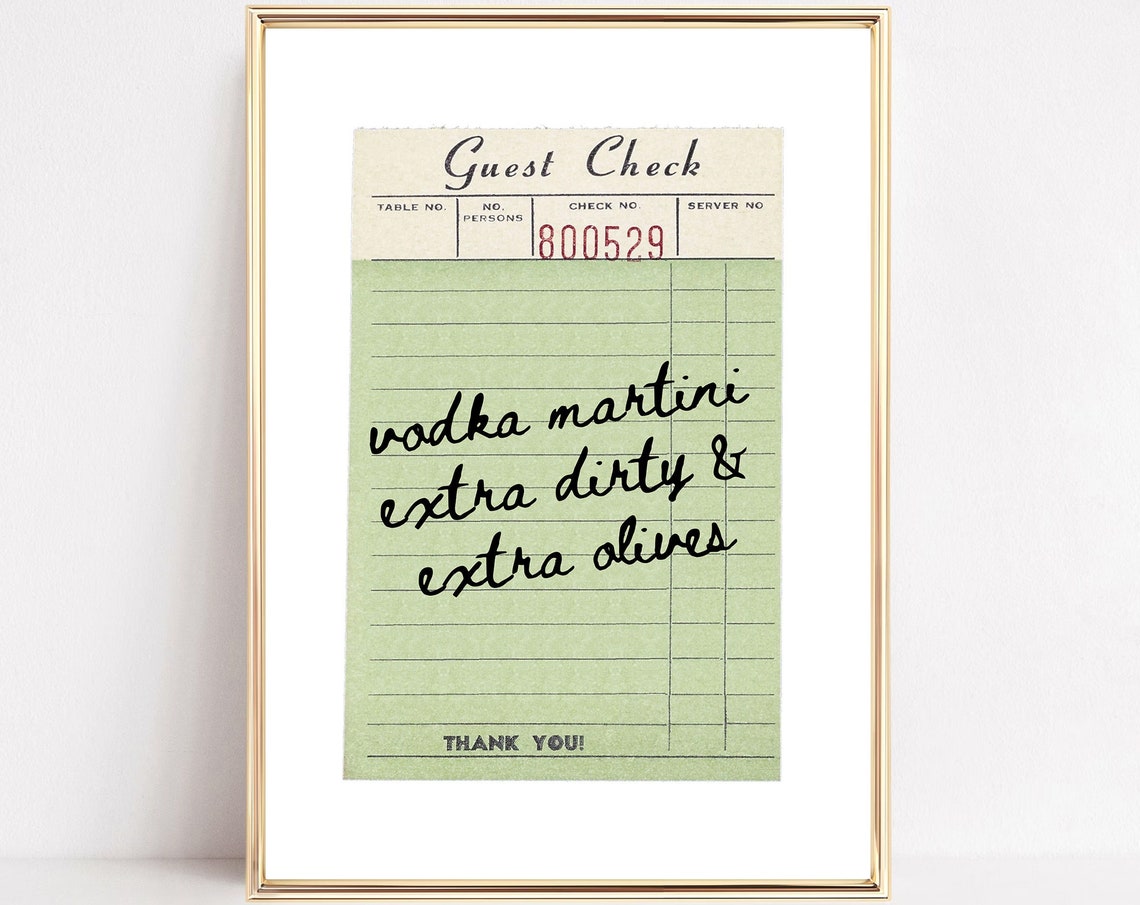 Vodka Martini Extra Dirty Guest Check Bar Cart Typography Poster