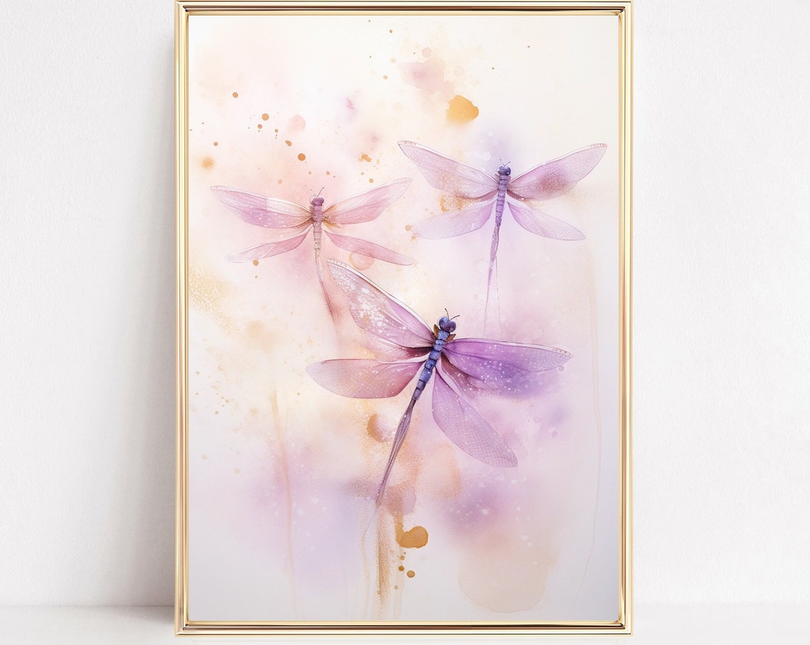 Pink Dragonflies Watercolor Pastel Blush Insect Artwork Poster