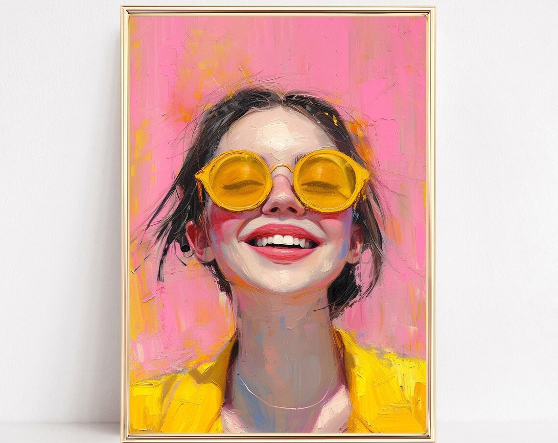 Colorful Preppy Girl Portrait, Boho Watercolor Art Print