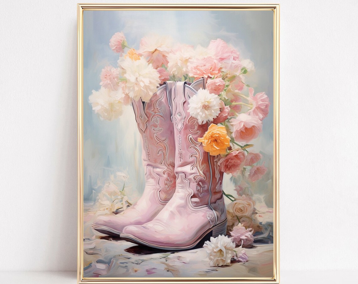 Floral Watercolor Cowgirl Boots, Boho Art Print
