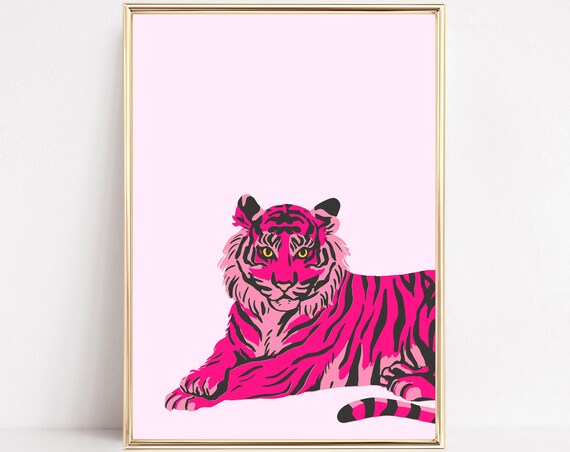 Pink Tiger Print Animal Preppy Poster Trendy Maximalist Painting Modern Boho Wall Art Girly College Dorm Tween Teen Room Decor Framed Canvas