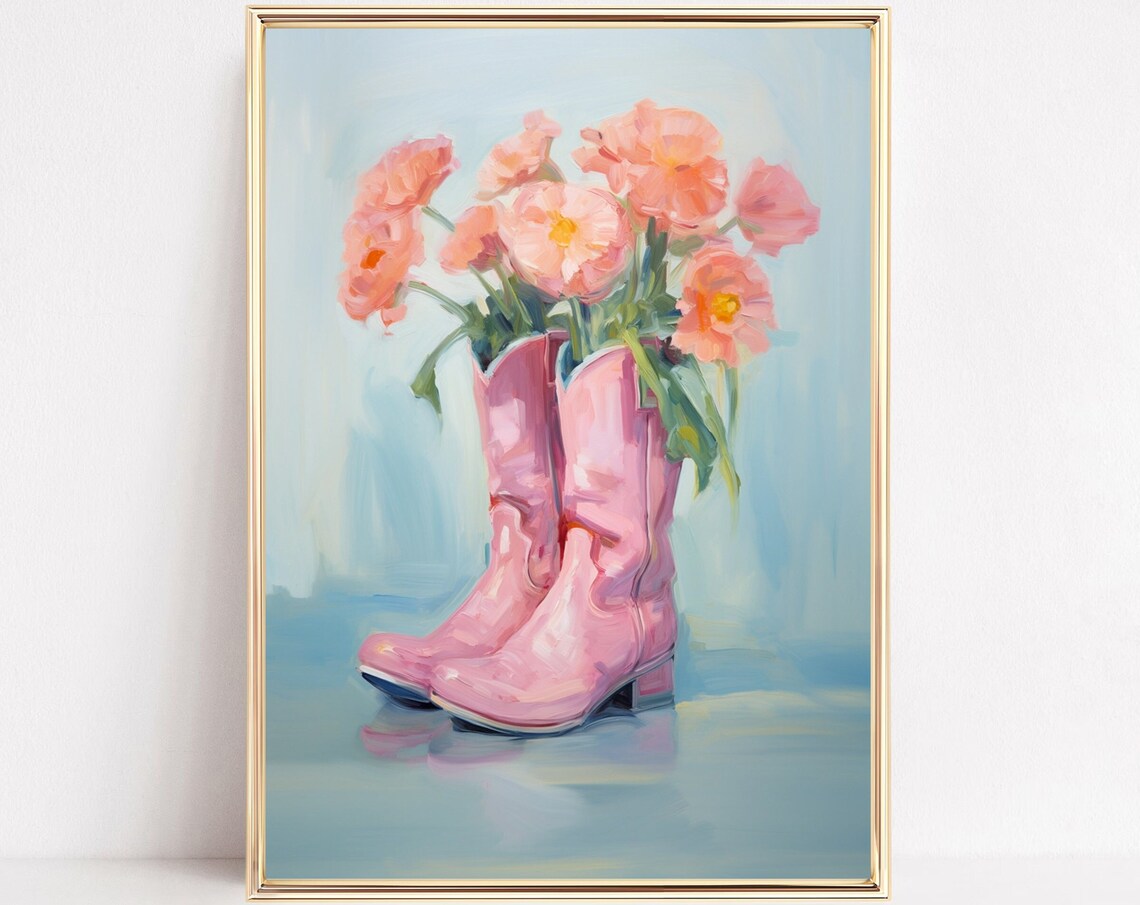 Floral Cowgirl Boots Print Western Country Farmhouse Painting Poster Pastel Pink Blue Watercolor Boho Wall Art Decor Girly Room Frame Canvas