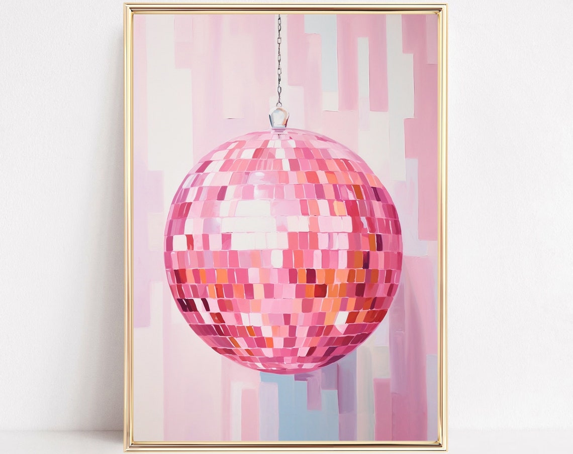Pink Disco Ball Watercolor Party Mirrorball Girly Room Wall Art