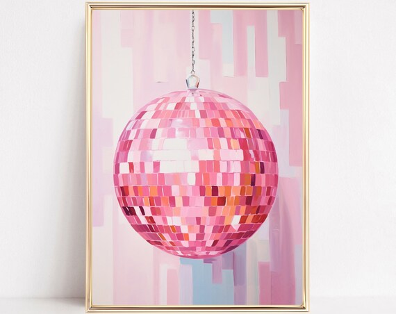 Pink Disco Ball Print Pastel Blush Preppy Bar Cart Mirrorball Poster Watercolor Painting Boho Wall Art Party Girly Room Decor Framed Canvas