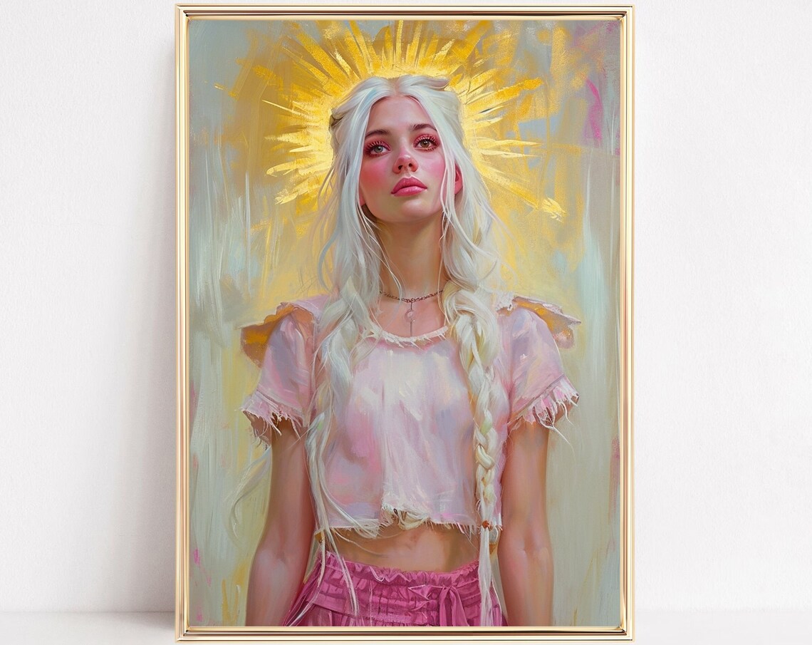 Golden Halo Woman White Braided Hair Oil Painting Portrait Poster