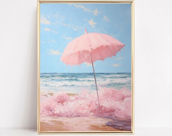 Pink Beach Umbrella Pastel Coastal Painting Ocean Wave Wall Art