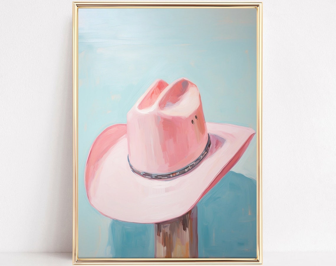 Pastel Pink Cowboy Hat on Fence Post Turquoise Western Nursery Poster