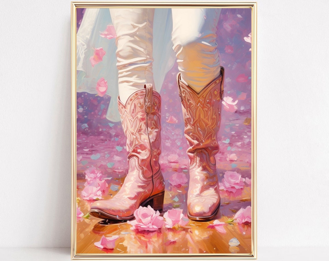 Floral Pink Cowgirl Boots Print Western Country Farmhouse Preppy Painting Poster Purple Boho Wall Art Decor Girly Teen Room Framed Or Canvas
