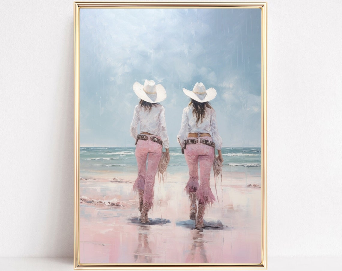 Coastal Cowgirls Beach Print Western Country Preppy Painting Poster Pastel Boho Watercolor Wall Art Decor Girly Teen Room Frame Canvas