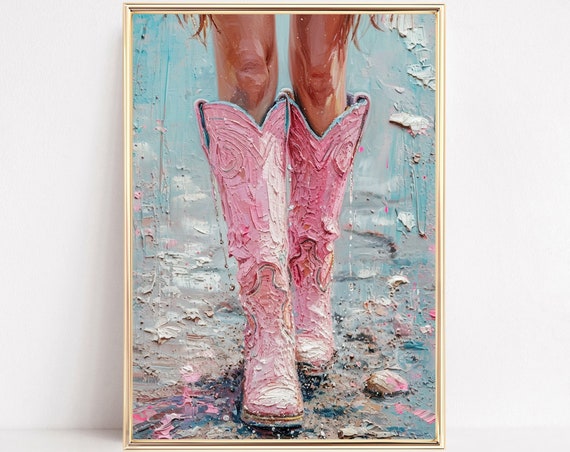Cowgirl In Light Pink Boots Print Howdy Blue Watercolor Western Country Painting Poster Boho Wall Art Decor Girly Dorm Room Framed Canvas