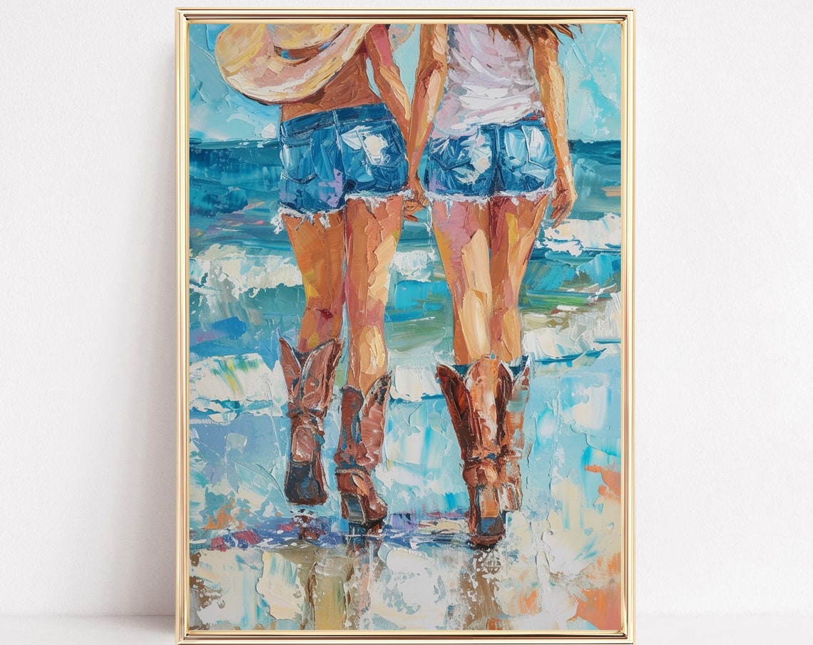 Coastal Cowgirls Beach Print Western Country Preppy Painting Poster Pastel Boho Watercolor Wall Art Decor Girly Teen Room Frame Canvas
