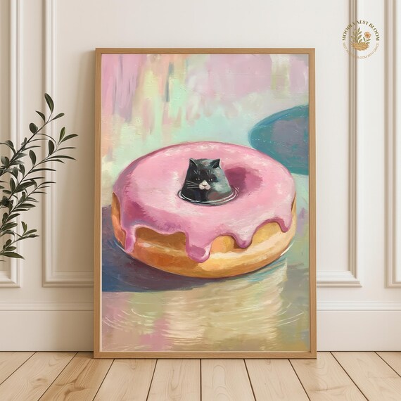 Funny Black Cat Resting Inside A Giant Pink Donut Float Poster