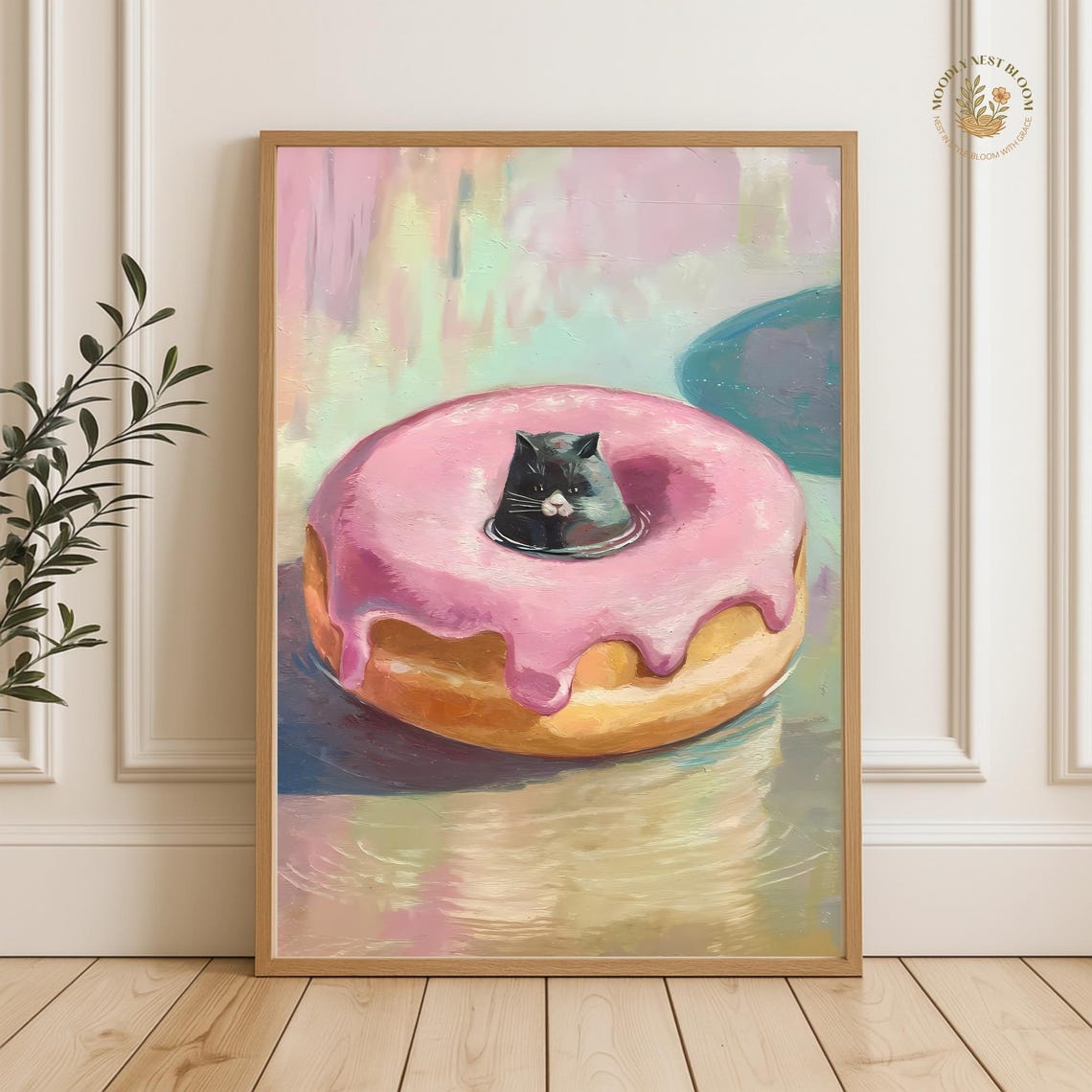 Funny Black Cat Resting Inside A Giant Pink Donut Float Poster