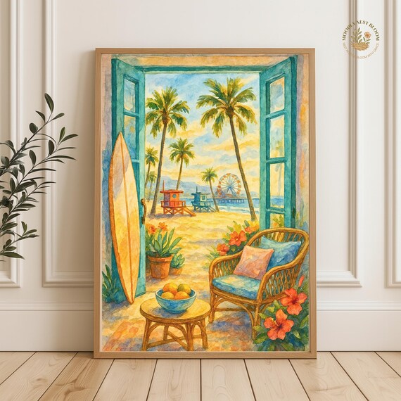 Tropical Beach Watercolor Poster Palm Tree Surf Pier Ferris Wheel View