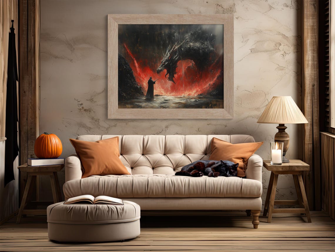 Dark Wizard Facing Giant Dragon In Fiery Red Epic Fantasy Art Poster - Image 2