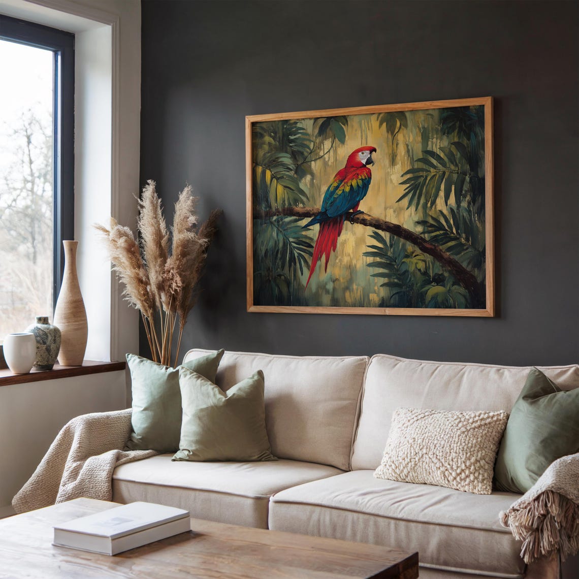 Scarlet Macaw in Lush Jungle Tropical Bird Oil Painting Poster - Image 4