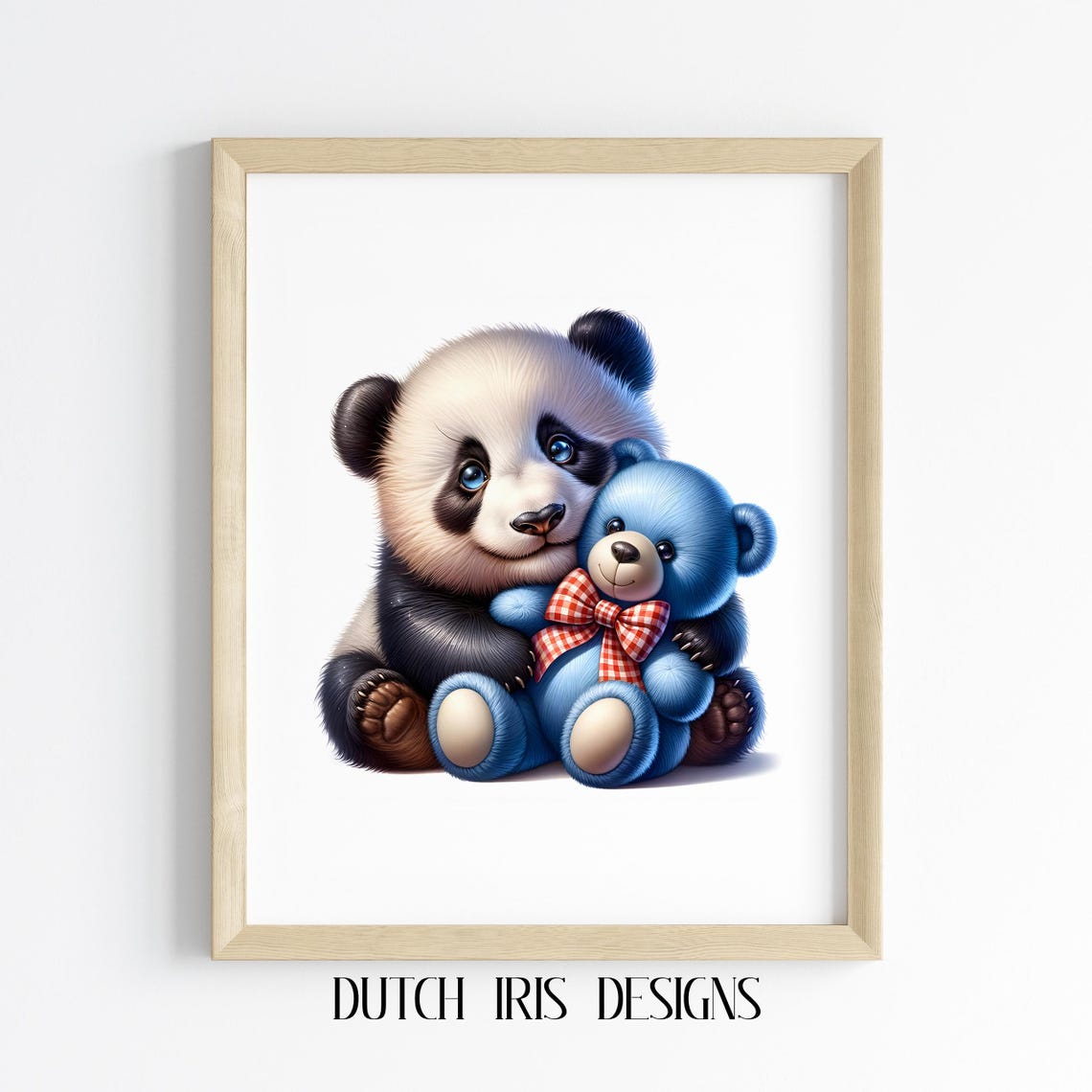 Baby Panda Hugging Blue Teddy Bear Sweet Nursery Animal Poster