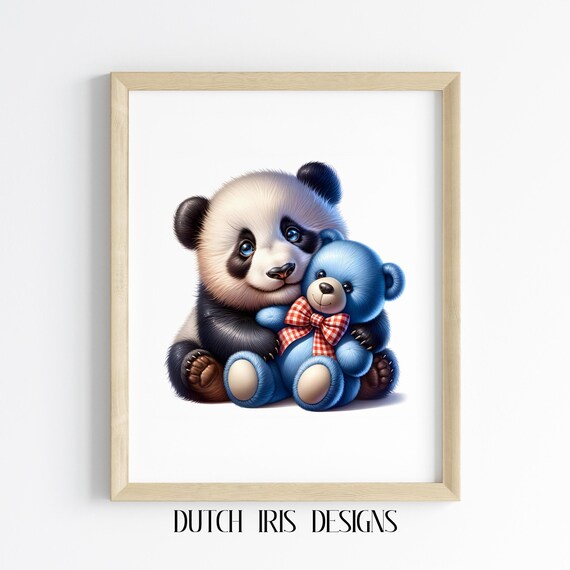 Baby Panda Hugging Blue Teddy Bear Sweet Nursery Animal Poster
