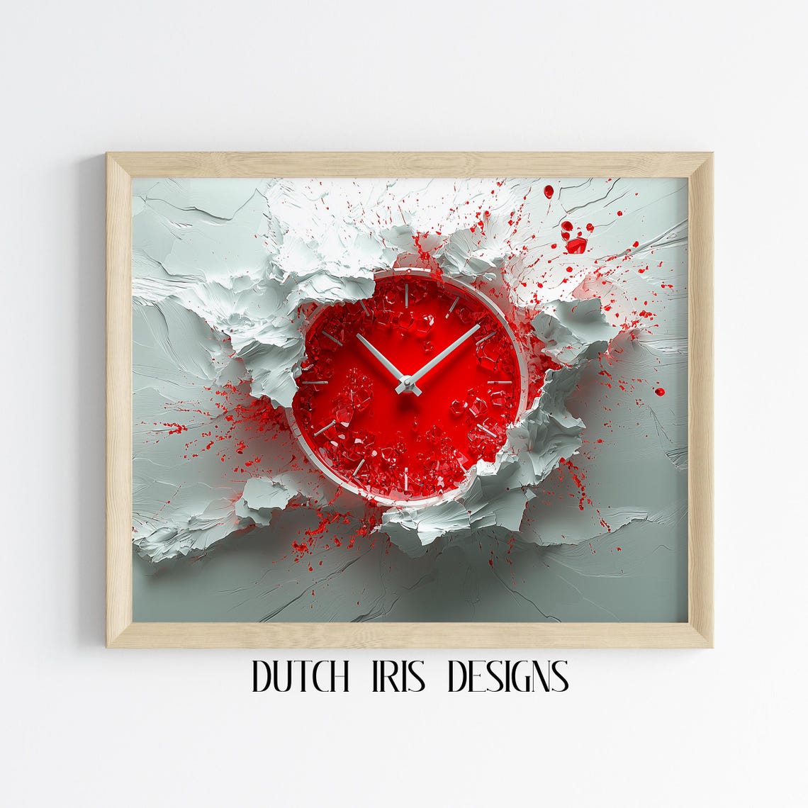 Bold Red Clock Face Bursting Through Cracked White Plaster Art Poster