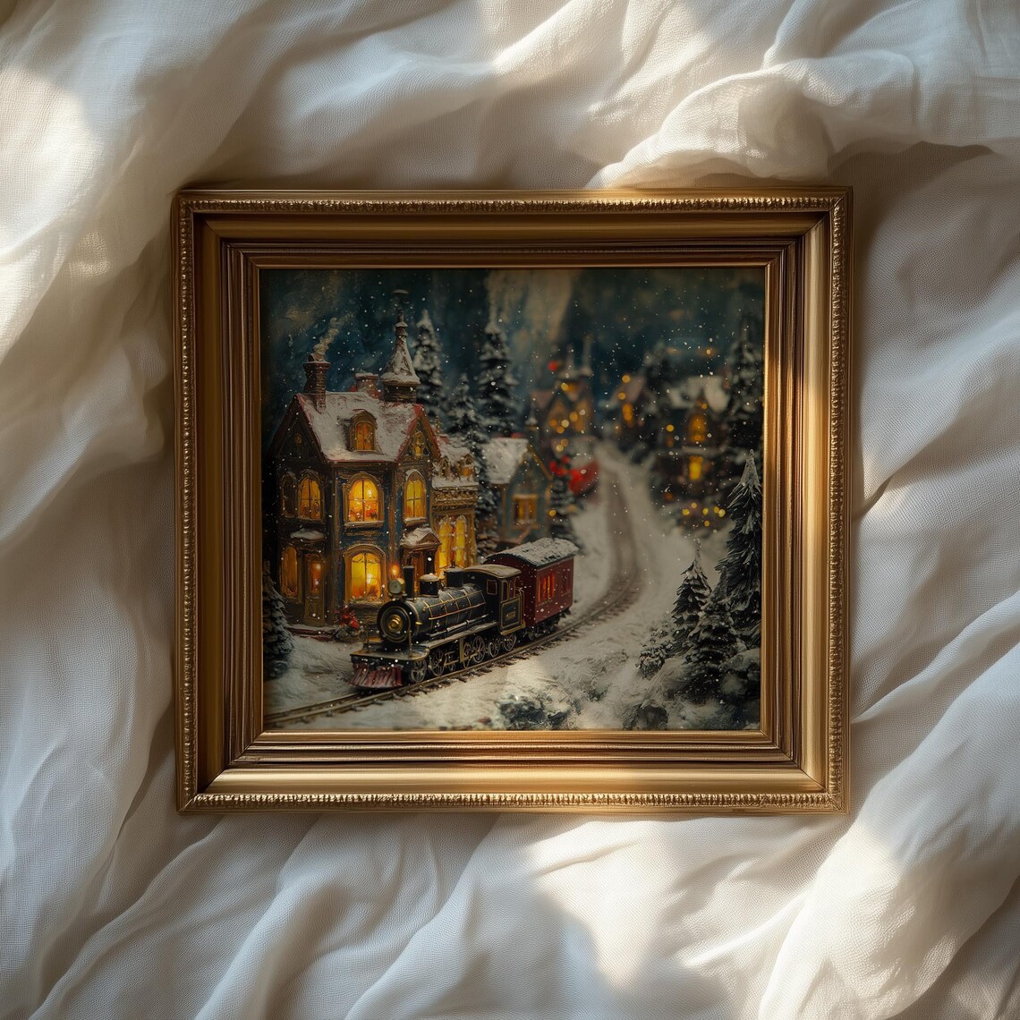 Snowy Christmas Village at Night with a Steam Train Passing By Poster - Image 2
