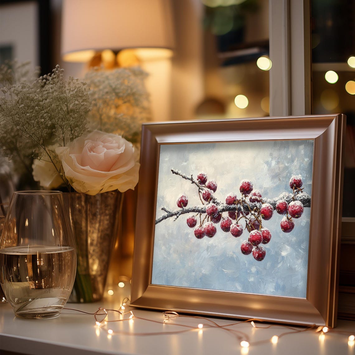 Frost Covered Red Berries Winter Twig Impressionist Art Poster - Image 3