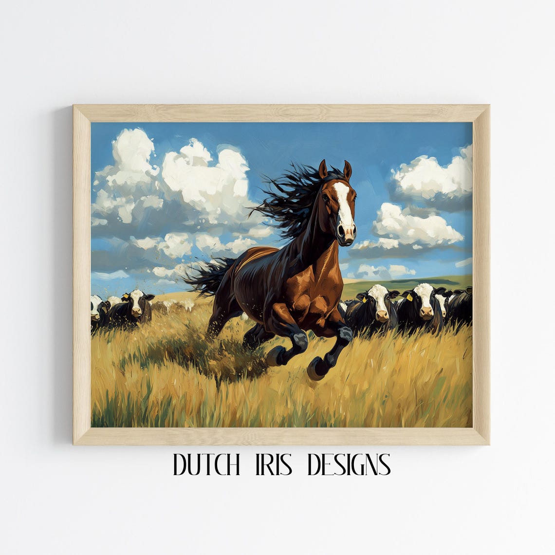 Brown Horse Running In Golden Wheat Field With Cattle Rustic Poster