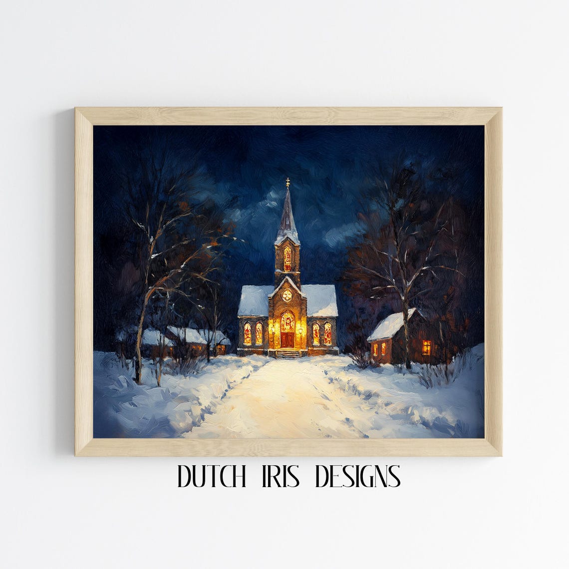 Snow Covered Church Glowing Warm at Night in a Winter Forest Poster
