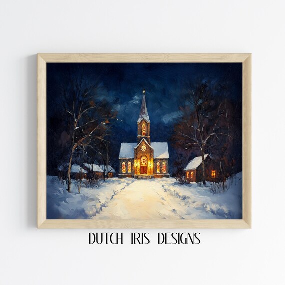 Snow Covered Church Glowing Warm at Night in a Winter Forest Poster
