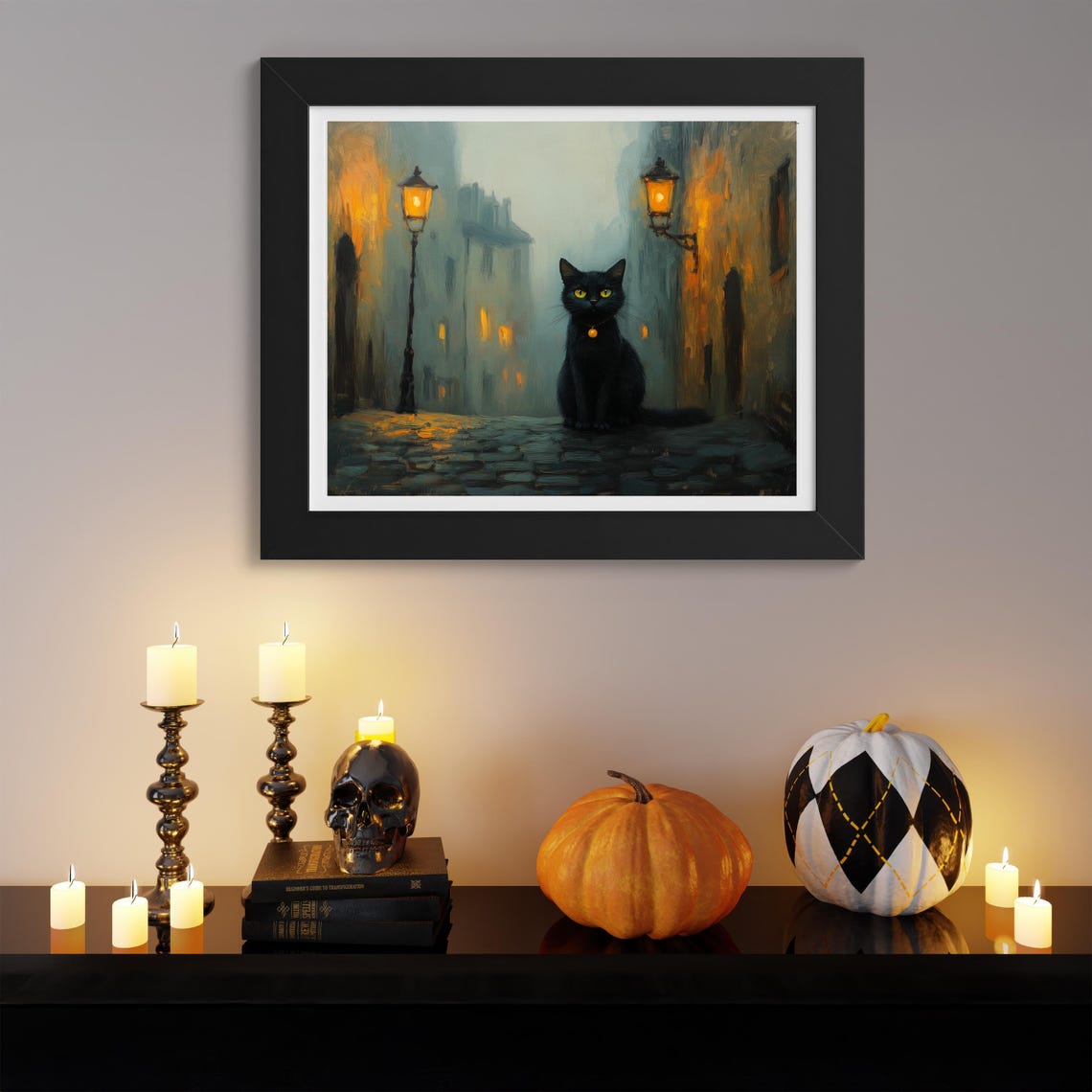 Black Cat On Foggy Street Under Glowing Lanterns Moody Night Poster - Image 3