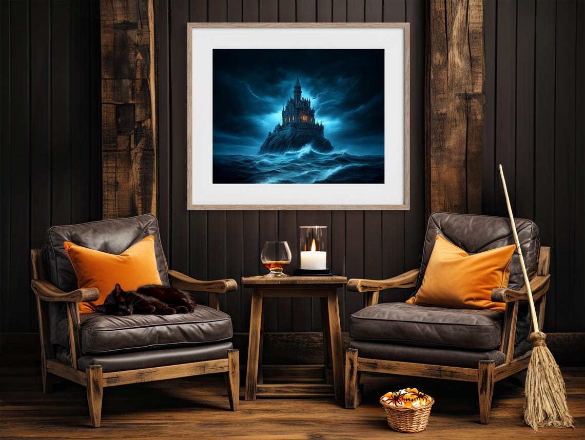 Gothic Castle on a Rocky Island in a Stormy Sea Lightning Night Poster - Image 4