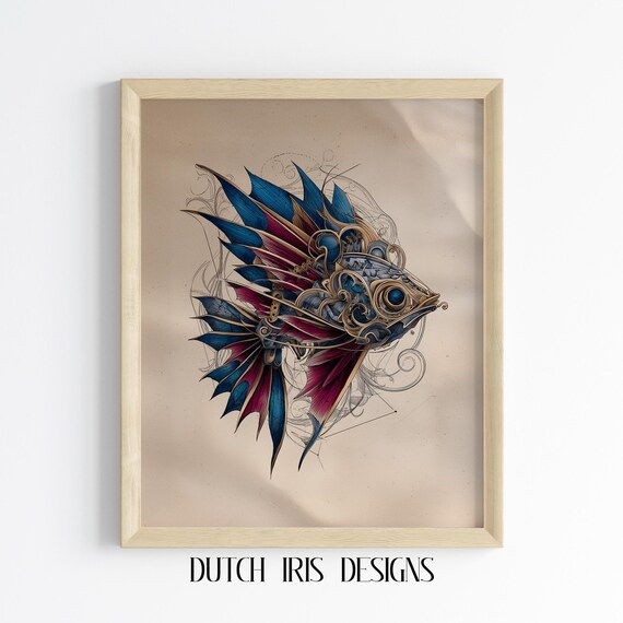 Surreal Mechanical Fish Print Cosmic Patterns Wall Art Fantasy Nautical Decor Steampunk Artwork 283
