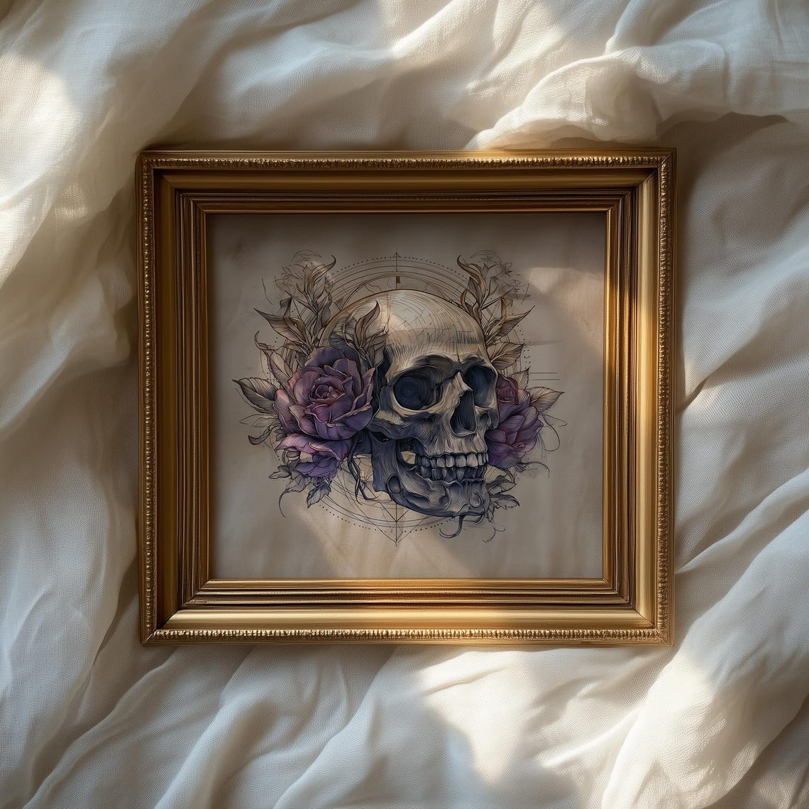 Skull With Purple Roses Circular Linework Gothic Botanical Poster - Image 2