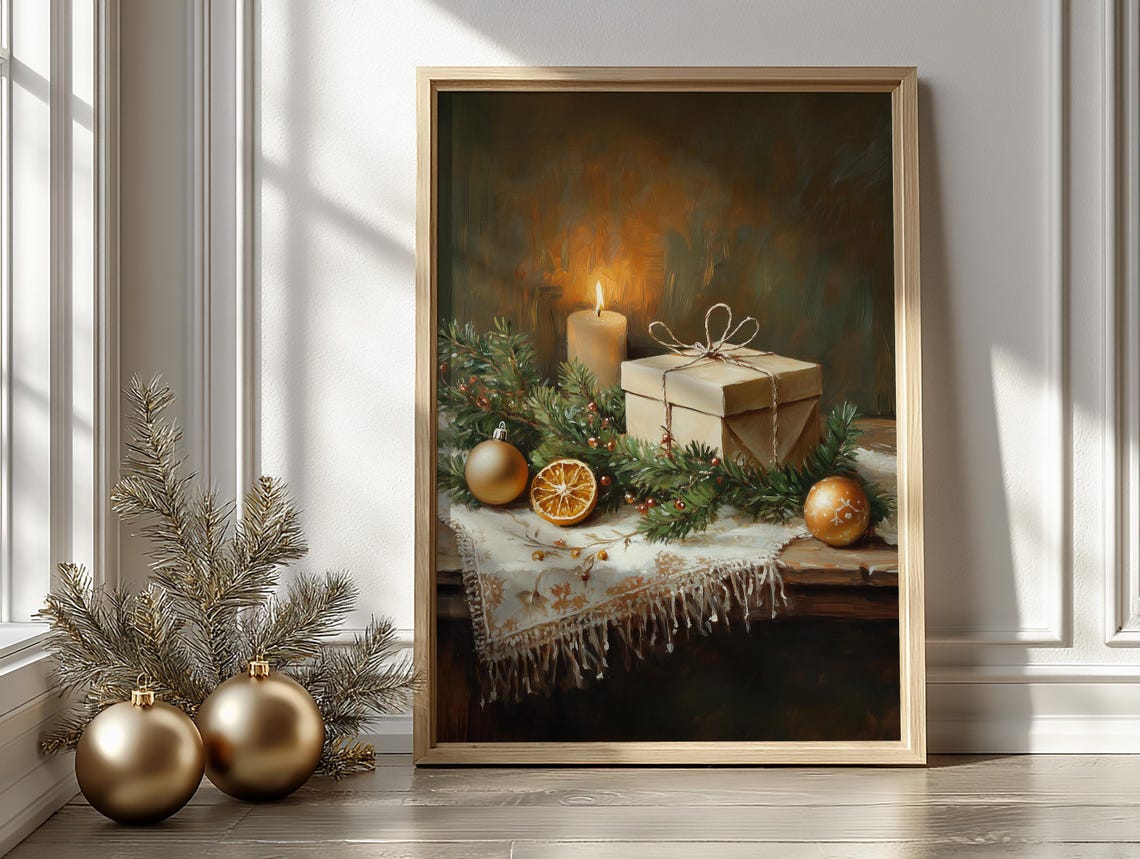 Christmas Candle and Gift Rustic Holiday Still Life Painting Poster - Image 2