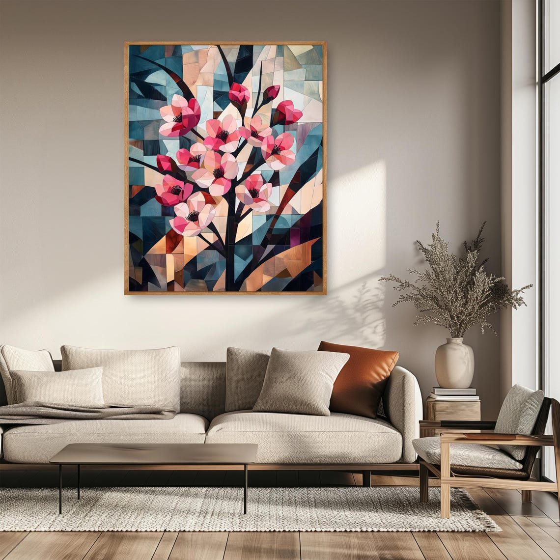 Cubist Cherry Blossom Branches Geometric Pink Floral Painting Poster - Image 2