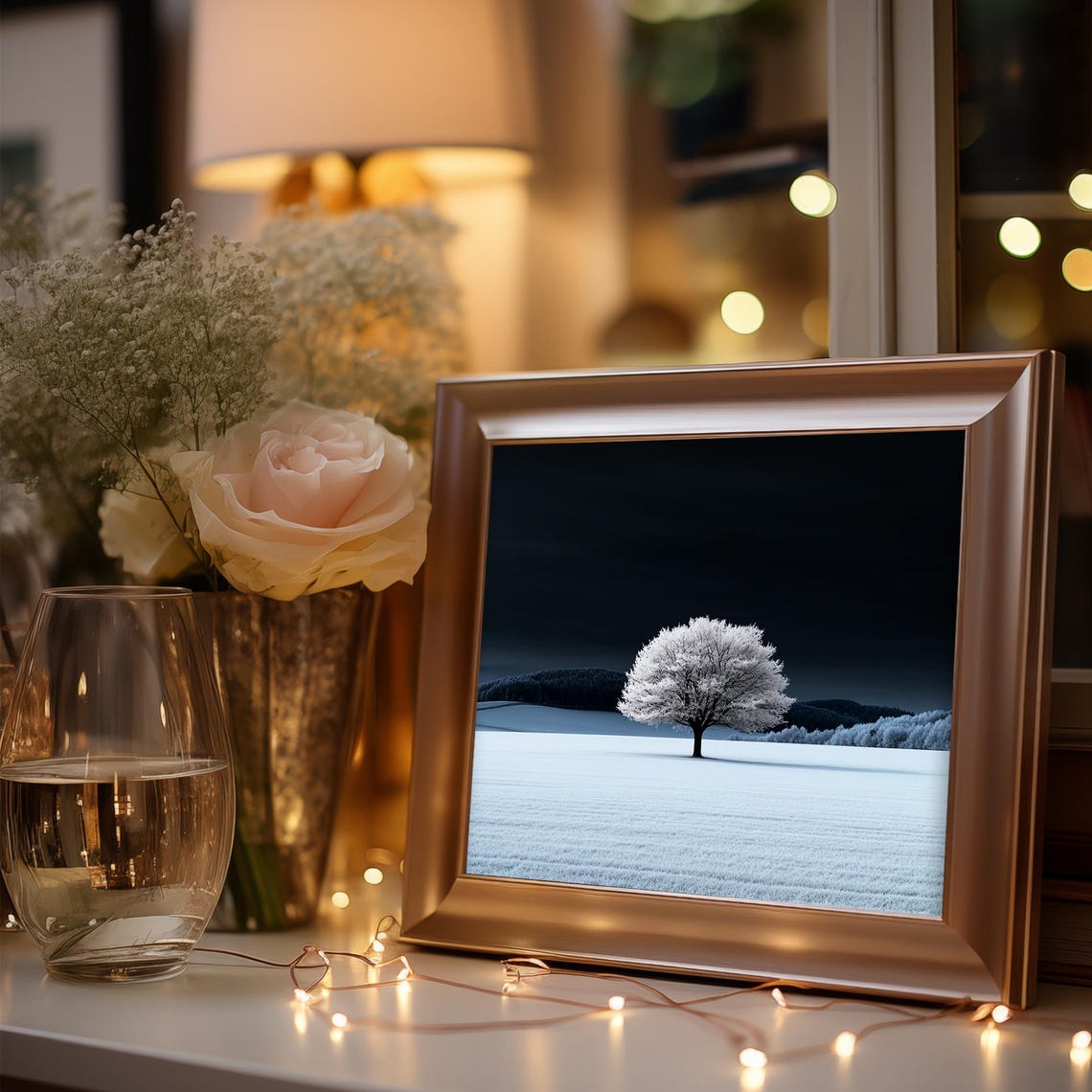 Lone Tree In Snowy Field Under Dark Sky Winter Minimalist Poster - Image 3