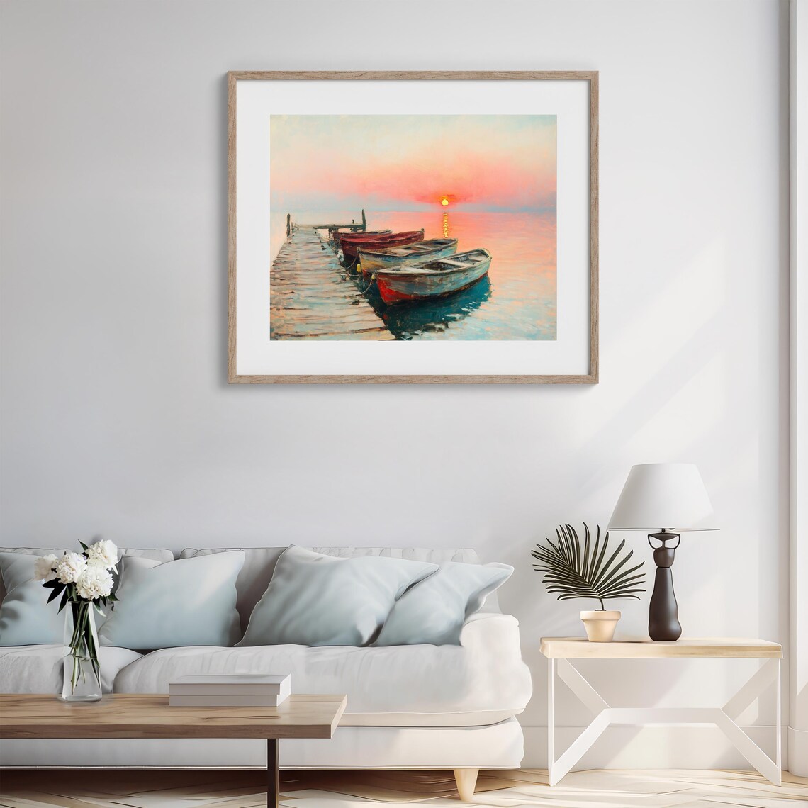 Sunrise Over Lake with Boats Tranquil Morning Dock Scene Poster - Image 4