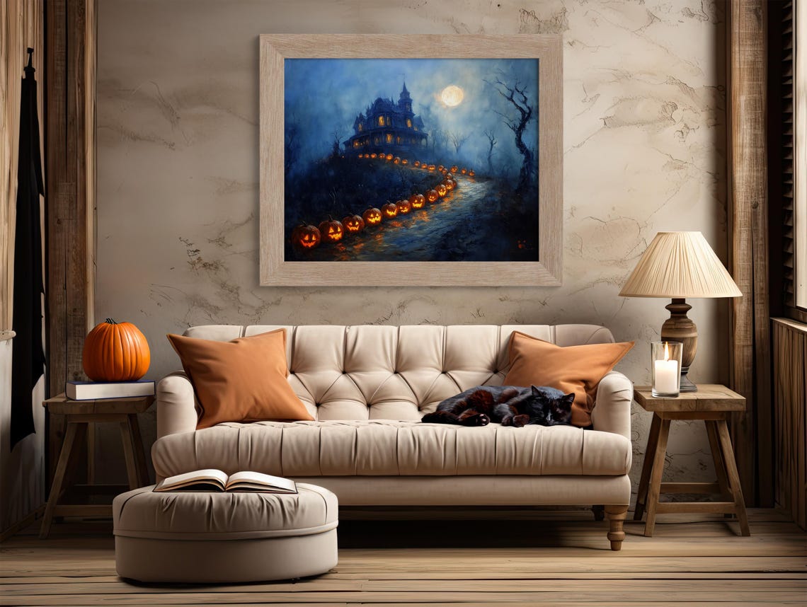 Victorian Mansion With Jack O Lantern Path Under Full Moon Poster - Image 2