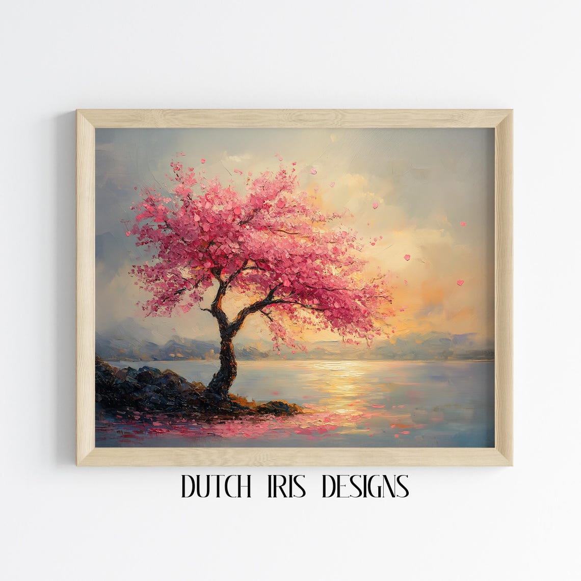 Cherry Blossom Tree By Calm Water At Golden Sunset Spring Art Poster