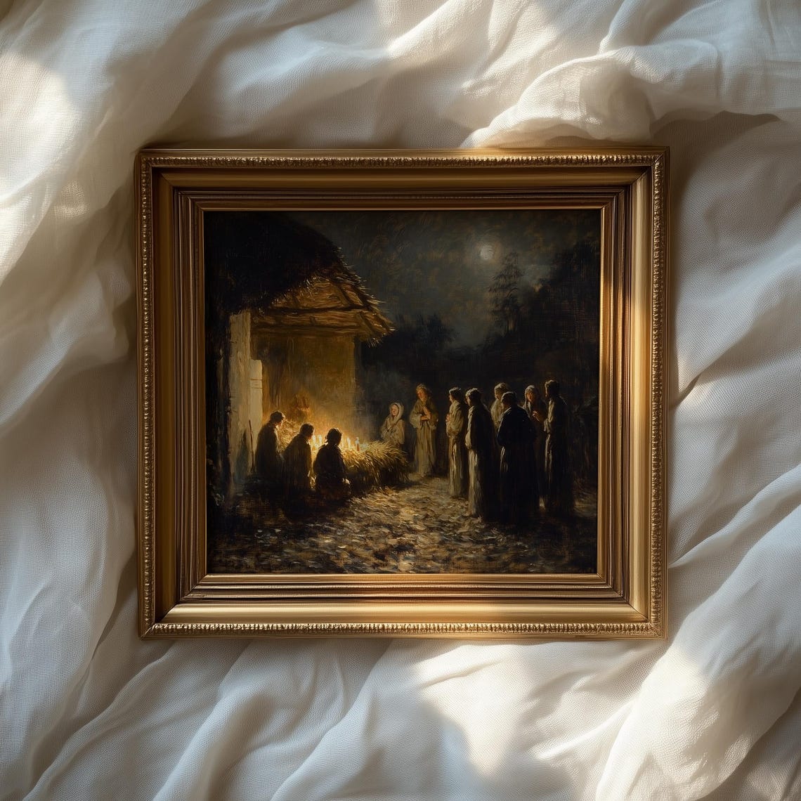 Nativity Scene Manger at Night Lit by Warm Candlelight Poster - Image 2