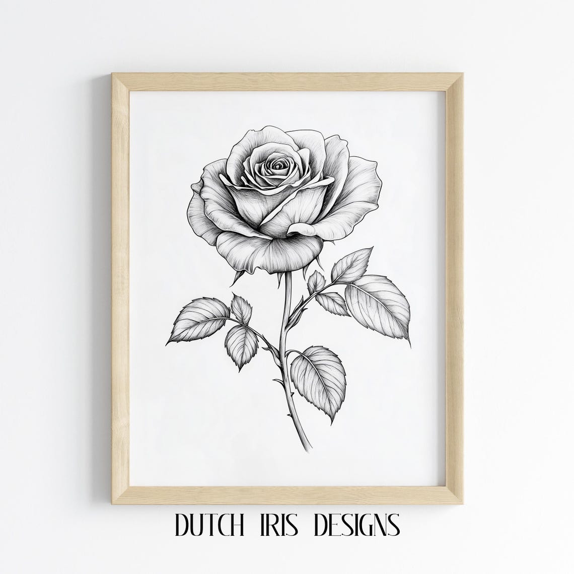 Single Rose Bloom Black Line Drawing Botanical Minimalist Poster