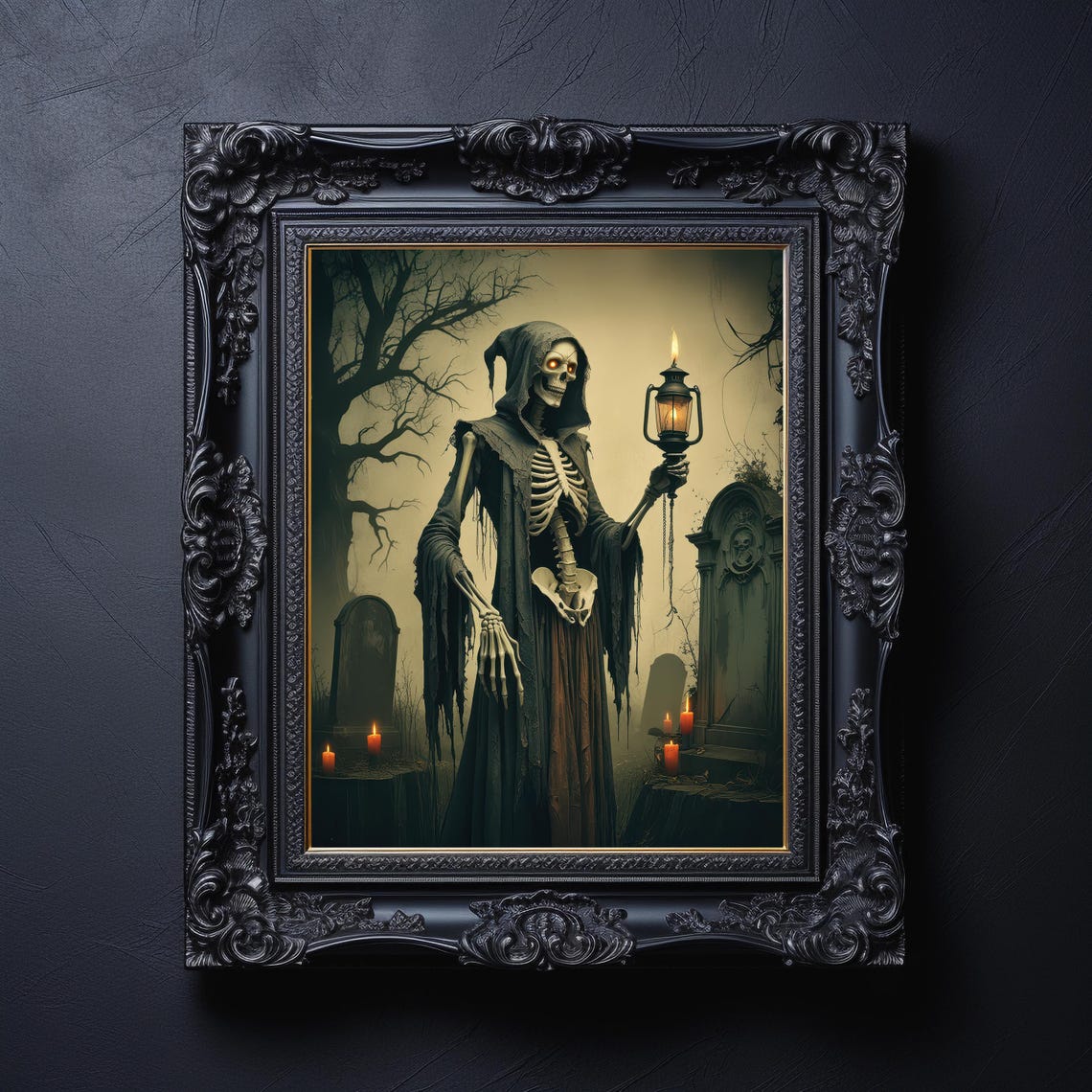 Hooded Skeleton Holding Lantern In Old Graveyard Halloween Poster - Image 4