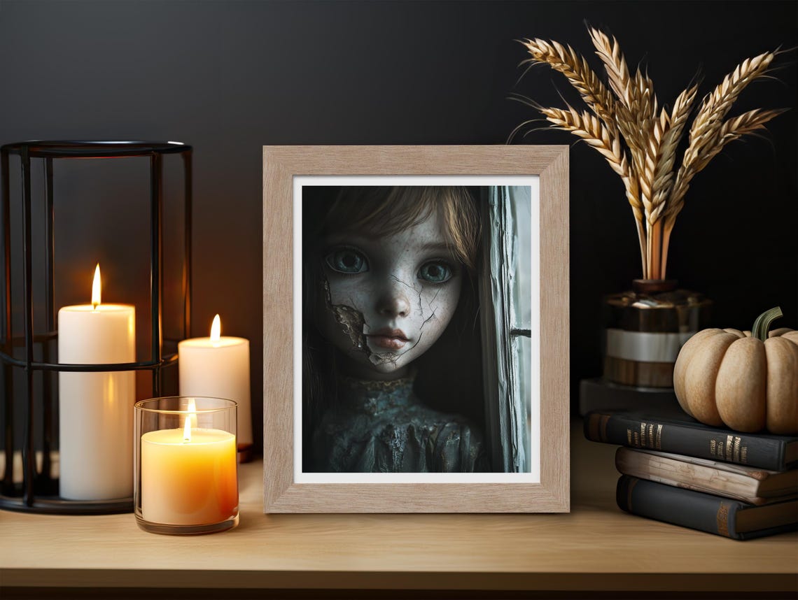 Haunting Cracked Porcelain Doll Face Creepy Horror Halloween Poster - Image 3