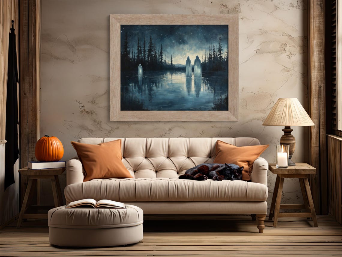 Ghostly Figures Standing In Starry Night Lake Pine Forest Poster - Image 2