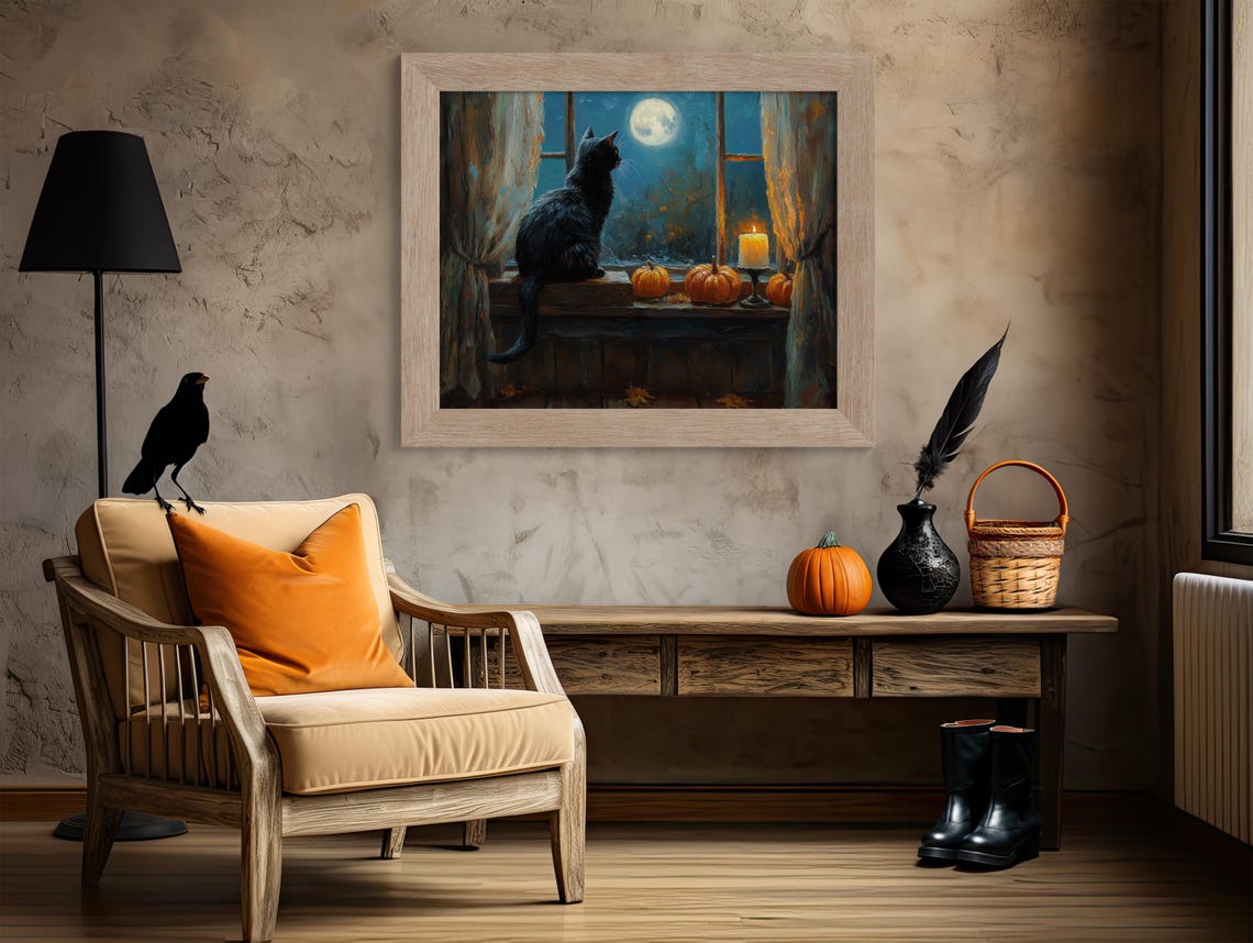 Black Cat On Windowsill Watching Full Moon Pumpkins Candle Poster - Image 4