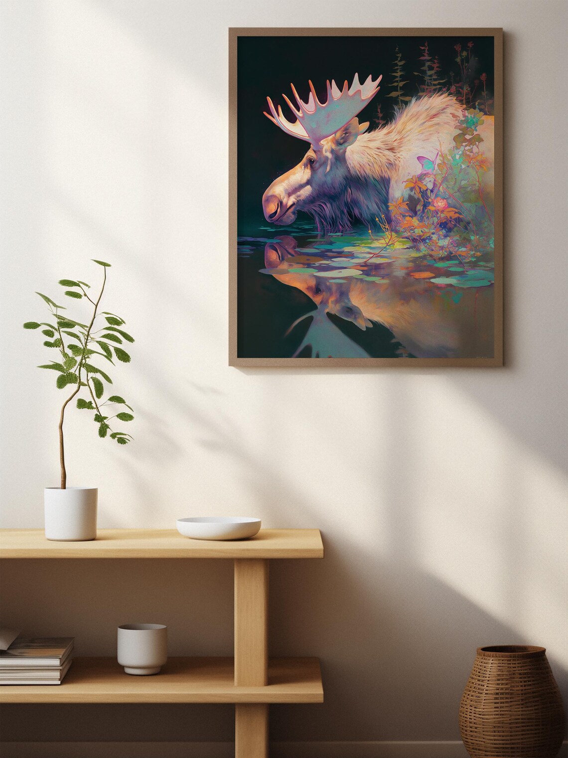 Moose Bull Drinking at Dark Water With Mirror Reflection Painting Poster - Image 3