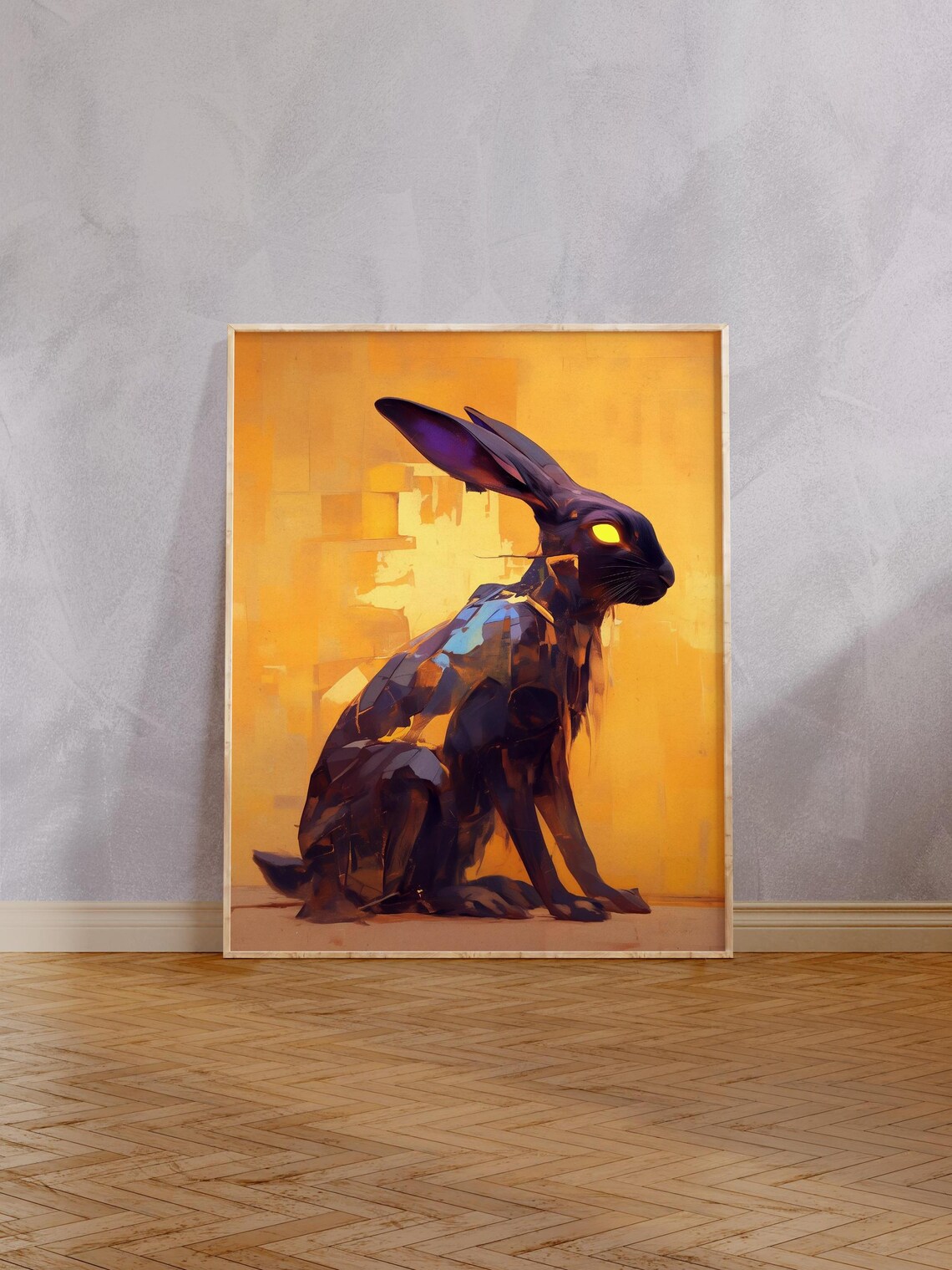 Dark Stylized Rabbit With Glowing Yellow Eyes on Golden Background Poster - Image 6