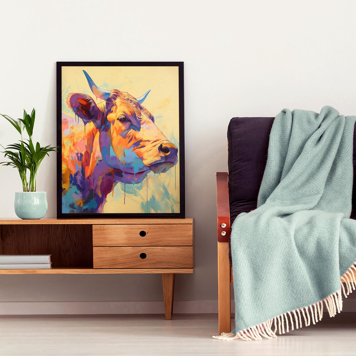 Golden Bull Profile in Orange and Blue with Paint Drips Poster - Image 6