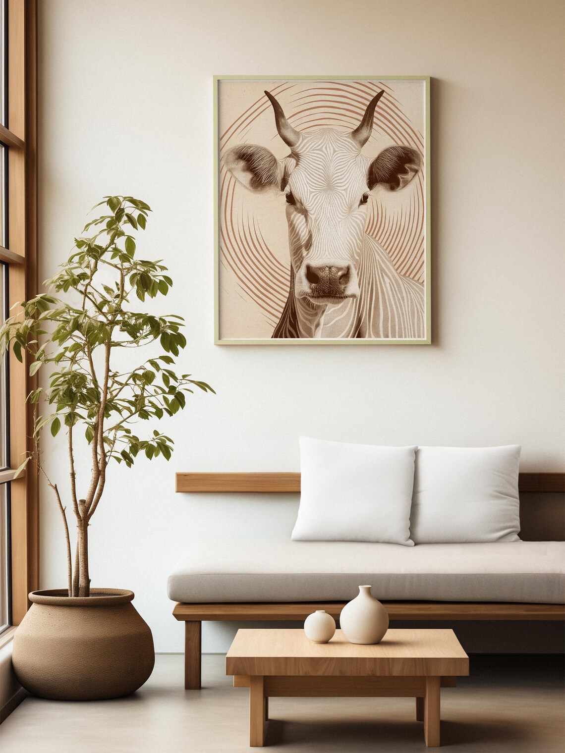 Minimalist Line Art Cow with Spiral Arcs in Sepia Tones Poster - Image 2
